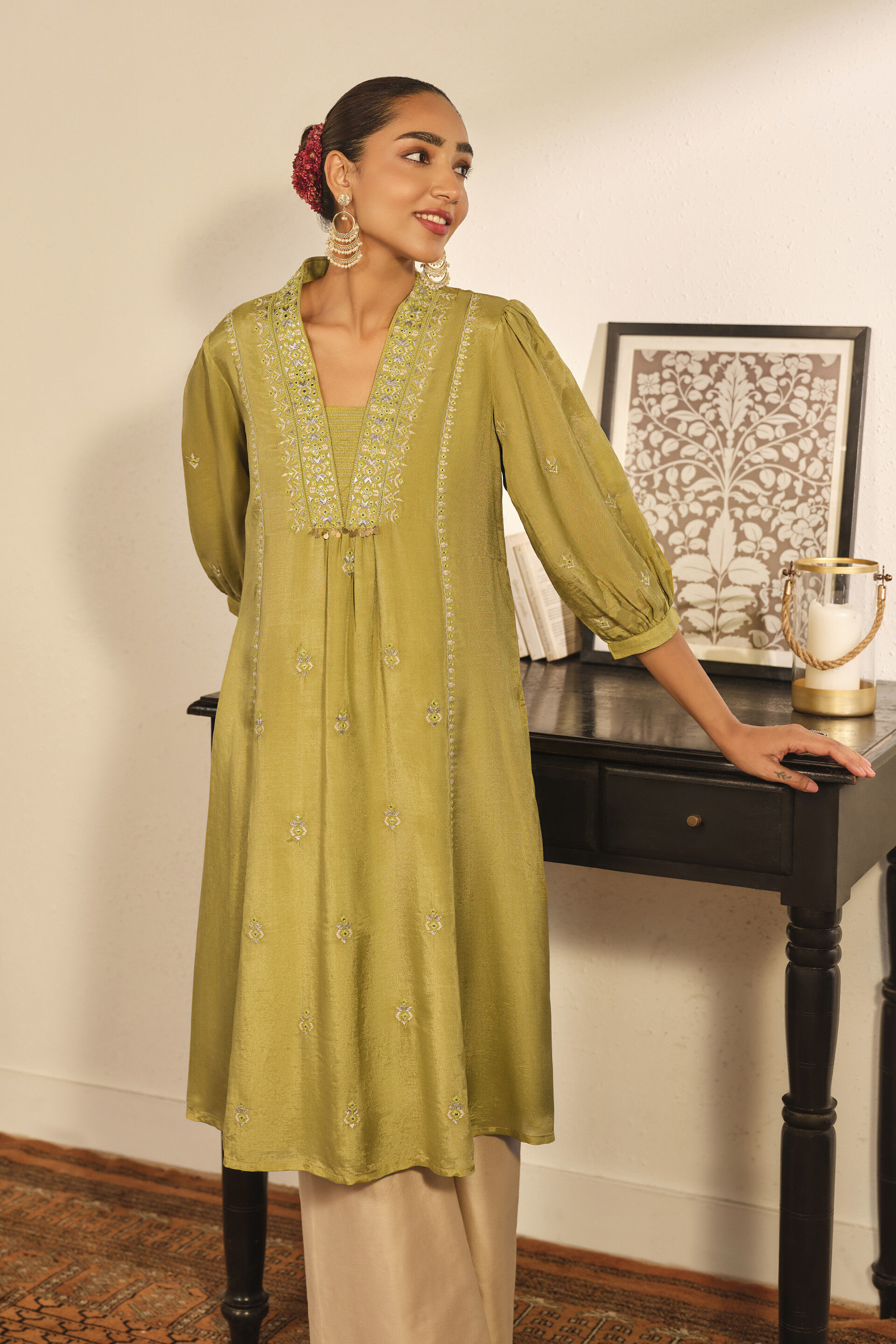Embroidered A-line Kurta in Lime Green, Lime Green, image 4